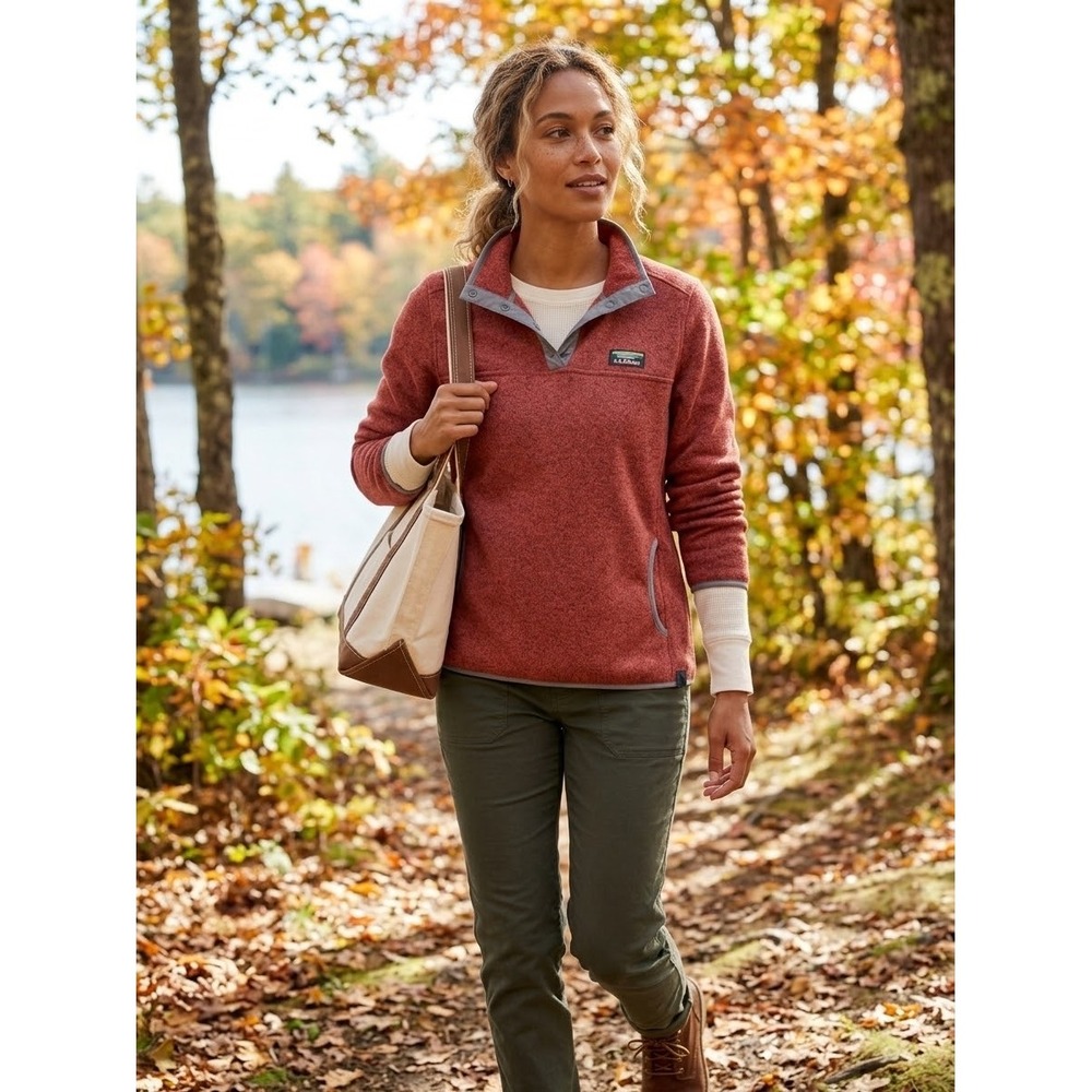 LL Bean Womens Sweater Fleece Pullover Red Heather Snap Neck Jacket 292726 Large